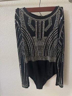 Amazing Lace Black Long-Sleeve Rhinestone Bodysuit